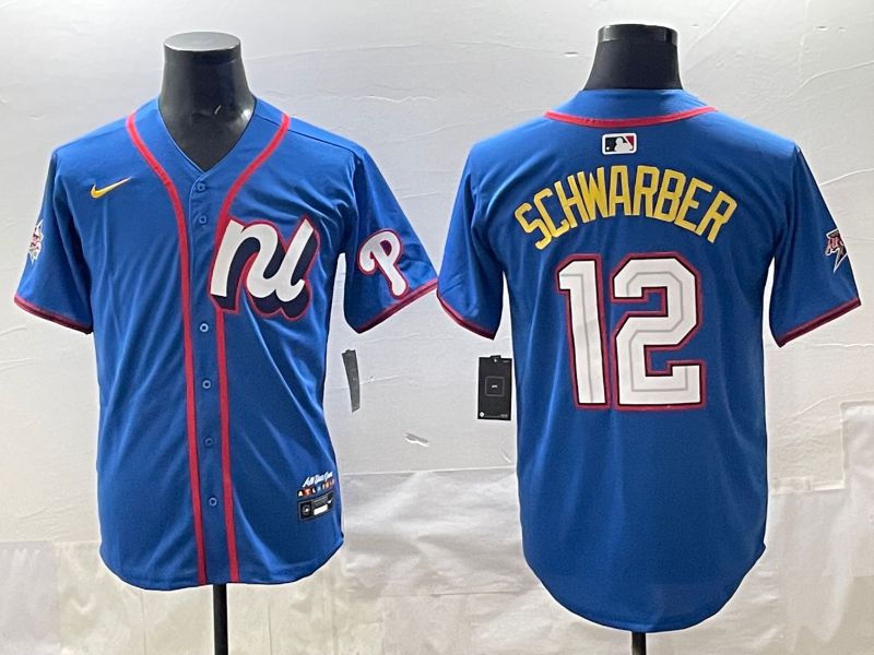 Men 2025 Philadelphia Phillies 12 Schwarber Blue All star Nike MLB Jersey style 01
